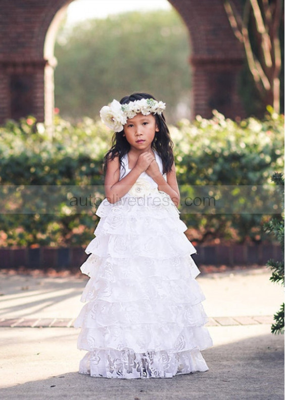 White Cotton Floral Rose Organza Ruffle Cupcake Flower Girl Dress